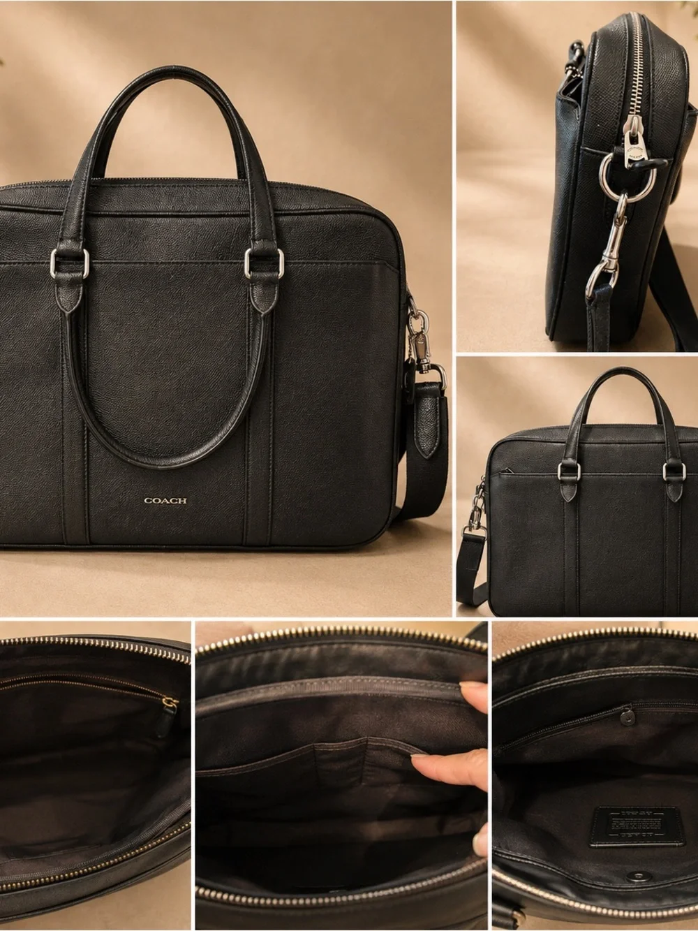 Gently Used Coach Black Leather Laptop Briefcase with Detachable Strap